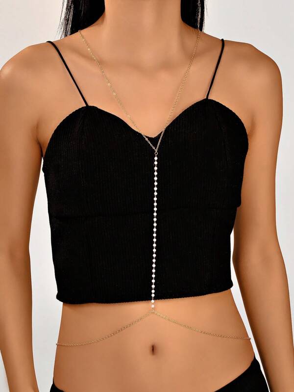 1pc Summer Fashion Sexy Pearl Zinc Alloy Women Personalized Bikini Body Chain, Suitable For Beach, Holiday Or Dress Matching School