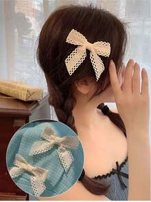 2 chiếc kẹp tóc nơ ren xanh dương, kẹp tóc càng cua cho bé gái, đồ dùng học tập, thanh lịch, phù hợp cho sinh viên, trang phục mùa đông cho nữ, nơ, dễ thương, sang trọng, phụ kiện tóc, phụ kiện đội đầu - Màu be - Xem 4