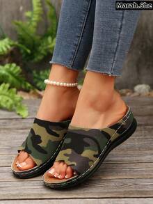 Women Summer Camouflage Platform Wedge Thick Strap Sandals, Tie-Dye Camo Pattern Beach Casual Outdoor Holiday Asymmetric/Asymmetrical, Suitable For Mother's Day, Daily Commute, Beach, Wedding, Party, Office, Home And Outdoor, All Season Slippers - Army Green - View 8