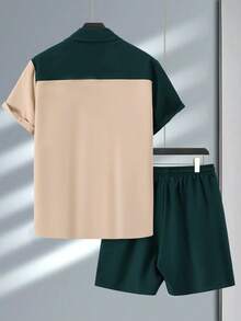 Męska koszula jednorzędowa z krótkim rękawem i ściągaczem na wiosnę/lato, z krótkim rękawem i krótkimi spodenkami, swobodny, regularny zestaw - Zielony - Zobacz 4