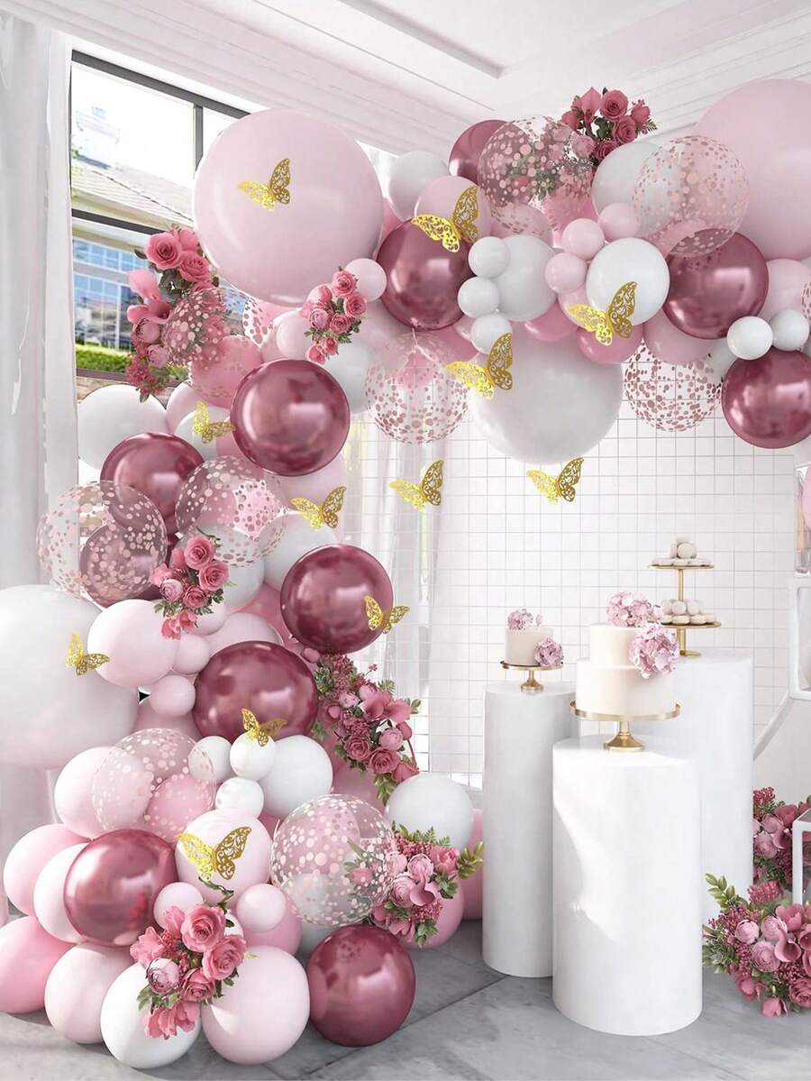 113Pcs Macaron Pink Butterfly Garland Arch Balloons, Wedding Birthday Party Decoration Gold Confetti Latex Balloons Shower Supply - Pink - View 1