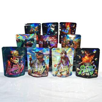 100个混合卡通图案密封聚酯薄膜袋3.5克可重复使用便携式糖果软糖储存小袋派对礼物塑料包装袋3D激光彩虹可重复密封密封防臭袋