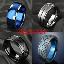 4pcs/Set Stainless Steel Blue & Black Tire Tread Pattern Rings For Men - Brushed Finish Engagement & Wedding Rings, Hypoallergenic, Timeless Jewelry - Multicolor - View 1