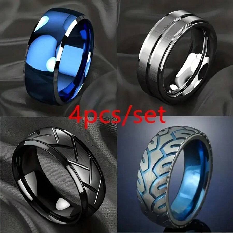 4pcs/Set Stainless Steel Blue & Black Tire Tread Pattern Rings For Men - Brushed Finish Engagement & Wedding Rings, Hypoallergenic, Timeless Jewelry - Multicolor - View 1