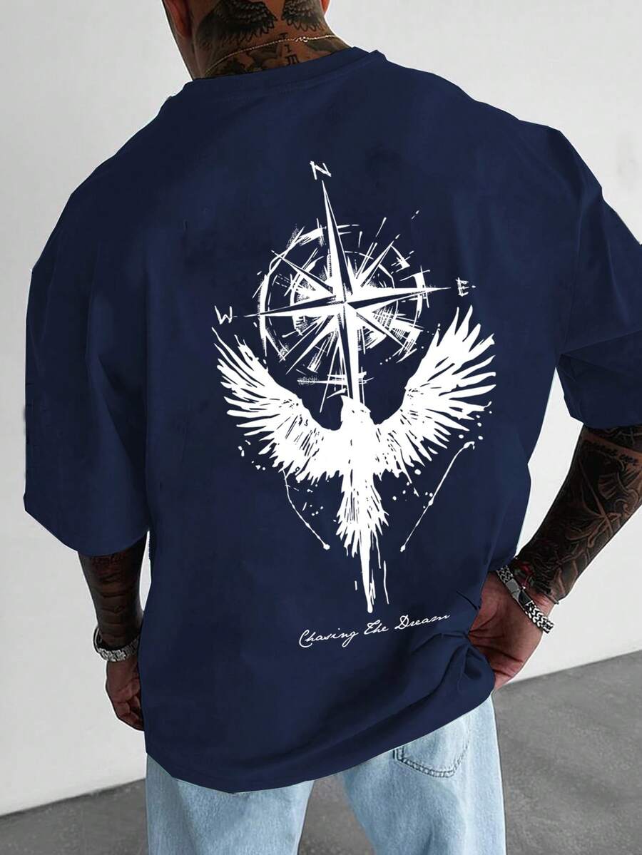 Men's Summer Eagle Print Round Neck Short Sleeve Casual T-Shirt, Emo - Royal Blue - View 1