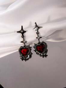 1 Pair Sweet & Cool Dark Red Agate Heart Stud Earrings, Four-Pointed Star & Heart Pendant Rhinestone Crinkled Earrings - Multicolor - View 4