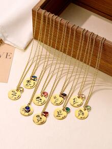 1pc Customized Name Necklace With Birthstone Pendant, Engraved Birthflower Design, Stainless Steel, Fashion And Minimalist, Personalized Jewelry Gift For Mom And Daughter, Suitable For Birthday, Anniversary, Party, Daily Wear, Prom, Mother's Day, Valentine's Day, Graduation, Wedding, Christmas - Gold - View 2
