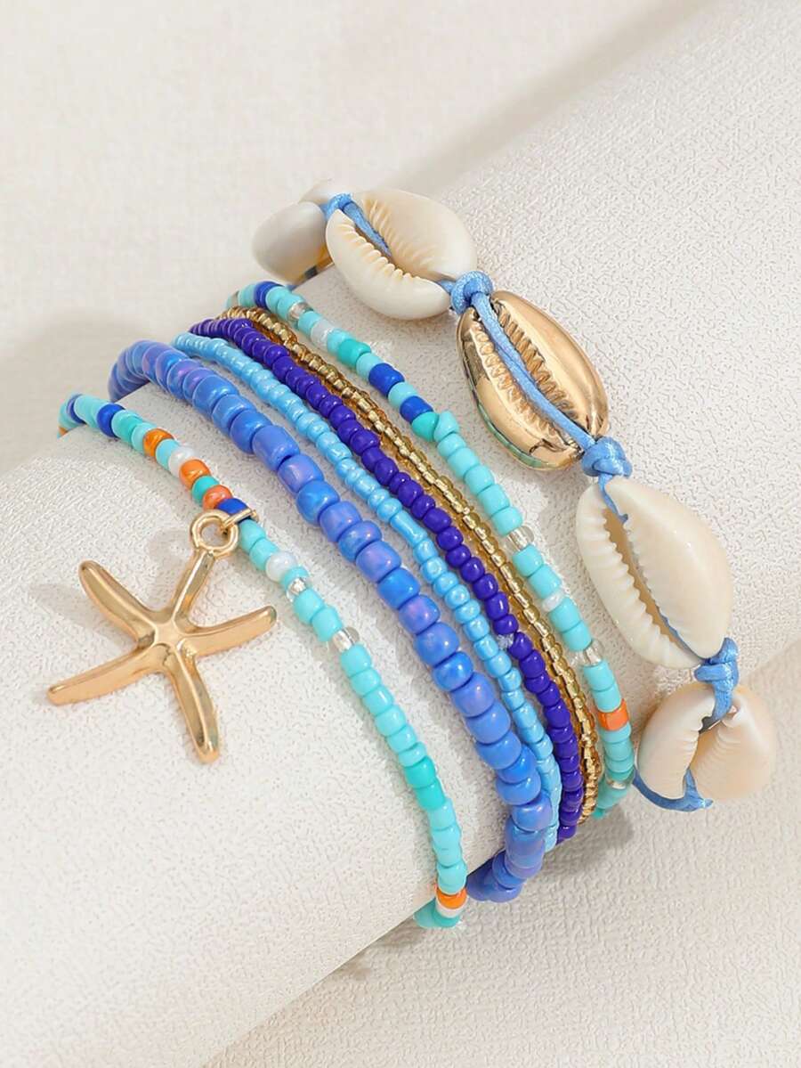 7pcs/Set Boho Style Shell Beaded Bracelet With Starfish Charm, Random Color Bead Mix, Women Bracelet Set - Blue - View 1