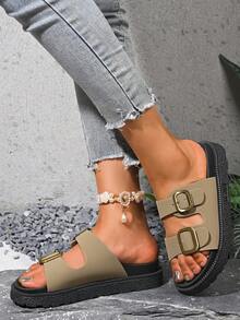 女士夏季新款时尚双扣百搭凉鞋，朋克荒原风格粗皮带扣凉鞋，卡其色厚底拖鞋，透气防滑休闲沙滩拖鞋，露趾中跟沙滩软底鞋，罗马凉鞋