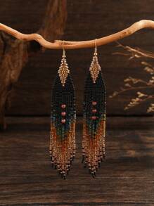 1 Pair Women Fashionable Tassel Earrings, Bohemian Style, Retro Palace Ombre Glass Bead Decor, Handmade Beaded, Elegant & Suitable For Daily Wear, Ideal Gift For Holidays