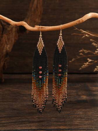 1 Pair Women Fashionable Tassel Earrings, Bohemian Style, Retro Palace Ombre Glass Bead Decor, Handmade Beaded, Elegant & Suitable For Daily Wear, Ideal Gift For Holidays