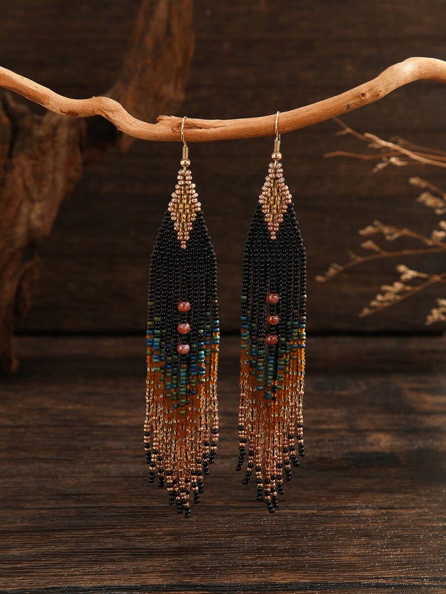 1 Pair Women Fashionable Tassel Earrings, Bohemian Style, Retro Palace Ombre Glass Bead Decor, Handmade Beaded, Elegant & Suitable For Daily Wear, Ideal Gift For Holidays