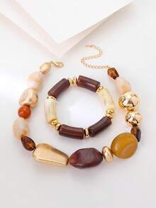 LADYCOCO 2pcs Vintage Boho Exaggerated Resin Beaded Necklace And Bracelet Set, Suitable For Women - Necklace/Bracelet - View 3