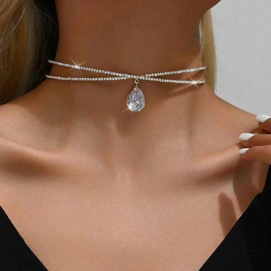 1pc Double Row Rhinestone & Large Zirconia Glamorous Party Open Collar Choker - Silver - View 1