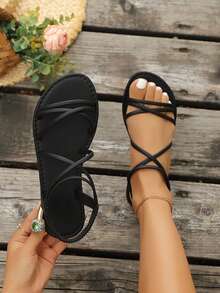 2025 Spring/Summer New Fashion Sandals, Flat Soft Bottom Flexible Material, Versatile To Pair With Dresses, Woven Elastic Band, Open Toe, Casual Beach Wear, Flat Fashionable Criss-Cross Retro Roman Sandals, Available In Black, Green, Brown, White - Black - View 2