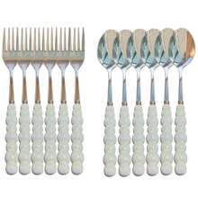 3/4/9/12 pièces Beau ensemble de couverts en acier inoxydable de forme perle avec manche en céramique - couteaux, cuillères à dessert, fourchettes et cuillères. Outils et accessoires de cuisine élégants parfaits pour les repas familiaux quotidiens, les anniversaires, les fêtes et les fournitures scolaires