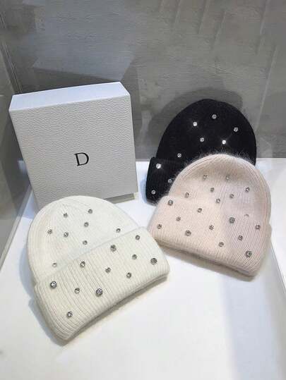 1 件装女士厚重亮片兔毛针织帽，温暖厚实，时尚百搭，秋冬