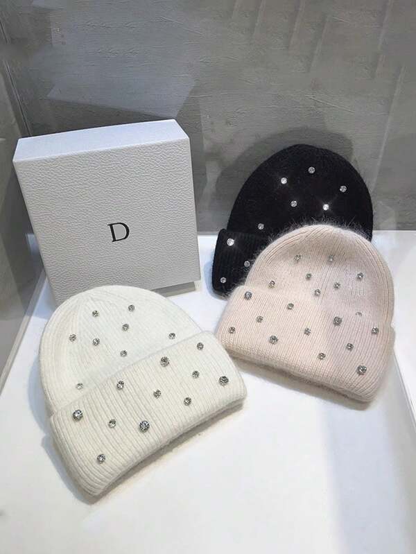 1pc Heavy Sequin Accent Rabbit Fur Knitted Hat For Women, Warm & Thick, Fashion & Versatile, Autumn/Winter