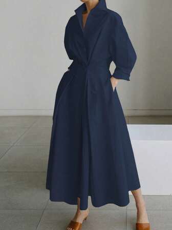 春夏新款纯色通勤时尚V领收腰大摆纽扣