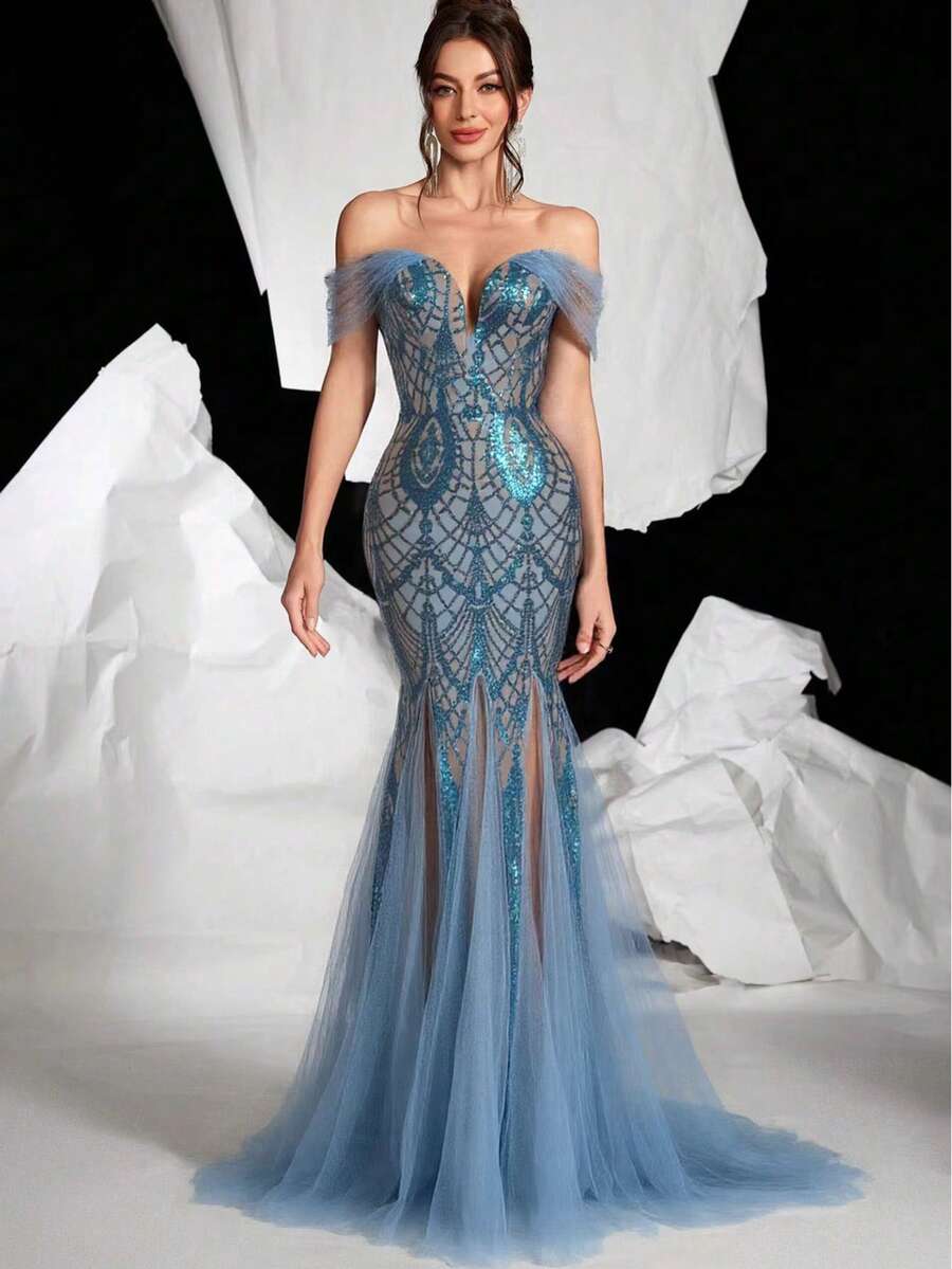 Elegant Backless Sequins Mermaid Prom Dress With Spaghetti Straps - Màu xanh nhạt - Xem 1