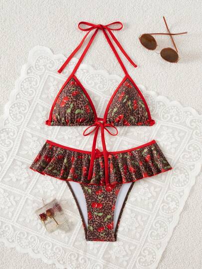 2 Pieces Fruit Print Flounce Bikini Swimwear, Summer Beach Swimwear For Women