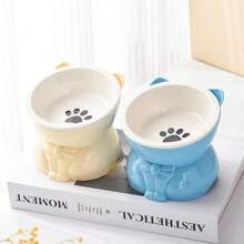 1 Set Of Detachable 15 Degree Tilted Water Bowl And Food Ceramic Bowl, Ceramic Cat Food Bowl, Elevated Cat Food Bowl, Adjustable Cat Food Bowl, High Edge Cat Bowl, Pet Cutlery, Cute Cartoon Design, Dual-Use Design, Stable Base, Not Easy To Flip Over, Easy To Clean, Detachable And Washable, Suitable For Indoor Cats, Small Dogs And Small Pets To Drink And Eat Pet Feeding Bowls, Protecting Your Pet's Spine And Preventing Backflow. - Blue - View 7