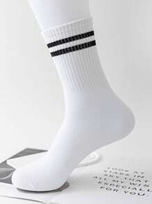 3 Pairs Women's Striped Pattern Mid-Calf Socks, White Long Socks For School