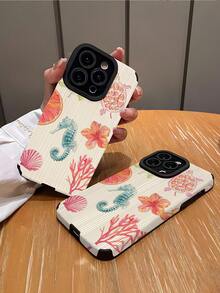 1 件贝壳与花卉条纹仿皮保护防震防指纹手机壳，适用于 Apple 和各种型号 - 彩色 - 查看 2