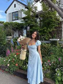 Vestido de campesina elegante y vintage con volantes de unicolor para primavera y verano - Azul - Ver 3