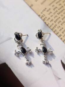 1 Pair Punk Rock Style Cross Pendant Earrings, Unique Black Artificial Crystal Earrings For Women - Silver - View 5