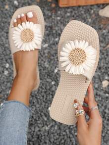 女士 2025 新款休闲舒适时尚百搭性感露趾向日葵绳方头凉鞋，适合度假、海滩、游泳池，防滑、耐用平底拖鞋 - 白色 - 查看 2