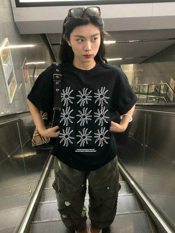 Japanese Women's Spring And Summer Pure Cotton Crew Neck Loose Fit 100 Pieces Simple Print Short Sleeve T-Shirt