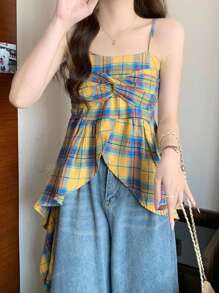 Retro Checkered Camisole, Dopamine Vibes, Sweet & Spicy Asymmetrical Crop Top, Summer