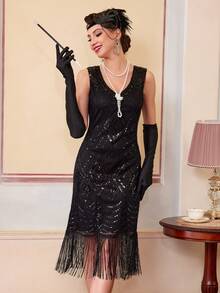 1920s Flapper Dresses, Roaring 20s For Women, Great Gatsby Dresses Fringed Sequin Costume For Party, For Cocktail - Black - View 7