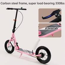 12" Heavy-Duty Scooter With Pneumatic Tyres, Dual Hand Brakes & Adjustable Handlebar – Large Non-Slip Deck Supports 100kg, Ideal For Teens Young Adults - 綠色 - 查看 7