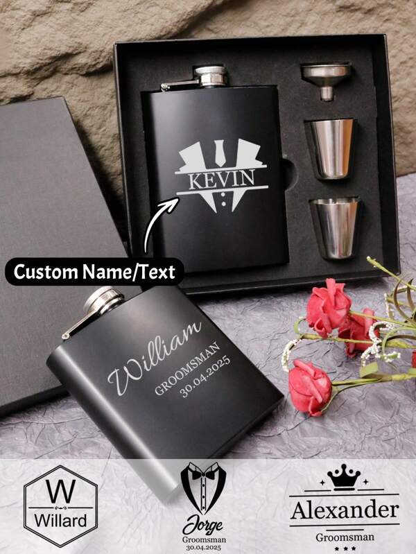 LICVIC Juego de petaca portátil personalizada, petaca de acero inoxidable con grabado personalizado nombre fecha para hombres, regalo personalizado para cumpleaños, padrinos de boda, adecuado para fiesta de cumpleaños, bodas, celebración, Día de San Valentín, aniversarios, Día del Padre, ideas de regalos para él, novio, parejas, papá, hombres, familia, amigos, multifuncional, duradero, ornamental, reutilizable, exquisito, elegante, de alta calidad, colorido, moderno, personalizado, único, ideal para regalos para él, ideal para regalos para ella, novio, papá, novia, mamá, familia, amigos, salón de té, hogar, jardín, oficina, para aniversarios, para el Día de San Valentín, para el Día de la Madre, para cumpleaños, para el Día del Padre, para graduación, para bodas, para inauguración de la casa