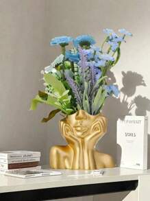1pc Golden Resin Vase For Decoration, Flower Head Vase, Beauty Tools Storage, Office Stationery Storage, Modern Simple Vase, For Home Decoration Living Room Desk Decoration