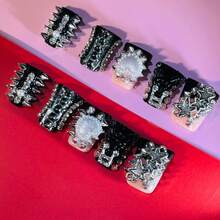 10pcs Y2K Gothic Junk Punk Short Duckbill Nails Set - Handcrafted With Shiny Rhinestones, Spikes, Pearls, And Black Accents, Features French Tip Style, Perfect For Parties & Casual Attire, Suitable For Wedding Parties And Daily Wear, Includes Tool Kit For Easy Application. - Black - View 3