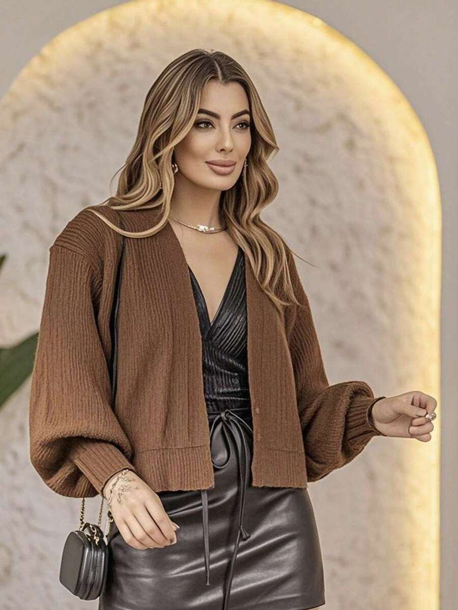 Women's Knitted Winter Coat With Puff Sleeves - 摩卡棕 - 查看 1