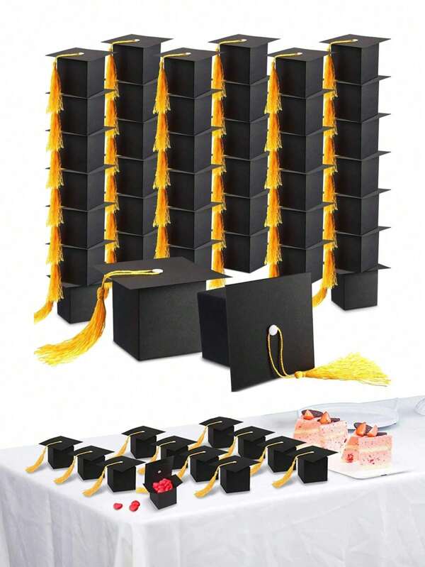 5/10/20/30/50pcs Black Bachelor Hat Graduation Candy Boxes 2025 Doctoral Cap Gift Packaging Box Black Graduation Celebration Centerpieces Chocolate Cookie Box With Tassel For Graduation Ceremony Party Supplies
