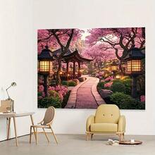 1pc, Oriental Cherry Blossom Garden Wall Tapestry - Vibrant Japanese Scenery, Blooming Cherry Blossoms, Traditional Pagodas And Lanterns, Lightweight Polyester Fiber, Easy For Home Decoration, Parties And Photography Settings