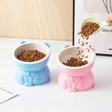 1 Set Of Detachable 15 Degree Tilted Water Bowl And Food Ceramic Bowl, Ceramic Cat Food Bowl, Elevated Cat Food Bowl, Adjustable Cat Food Bowl, High Edge Cat Bowl, Pet Cutlery, Cute Cartoon Design, Dual-Use Design, Stable Base, Not Easy To Flip Over, Easy To Clean, Detachable And Washable, Suitable For Indoor Cats, Small Dogs And Small Pets To Drink And Eat Pet Feeding Bowls, Protecting Your Pet's Spine And Preventing Backflow. - Blue - View 6