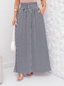 AMY FASHION LONG STRIPED SKIRT WITH SLIT AND THICK WAIST BAG FASHION 2025 - Black - View 3