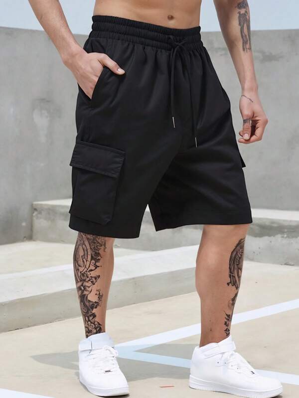 Herren Sommer Sport Shorts in Große Größen, Herren Cargo Shorts in Große Größen mit Klappe, Kordelzug Taille, Schwarz, schönes Geschenk für Ehemann/Freund