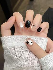 10pcs/Set Handmade Nail Artist Designed Press-On Nails, Nail Art Supplies Kit - Short Square & Round Cat Eye, Ombre, Black Sugar Cat Nails, Reusable For Teachers, Students, Office Work, Travel, Elegant Business Casual Summer Ladies - Multicolor - View 5