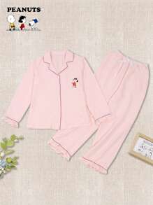 SNOOPY Authorized PEANUTS Snoopy Print Lapel Long Sleeved Top & Long Pants Pajamas, Spring & Autumn Ladies' Home Clothes, Lounge Outfit