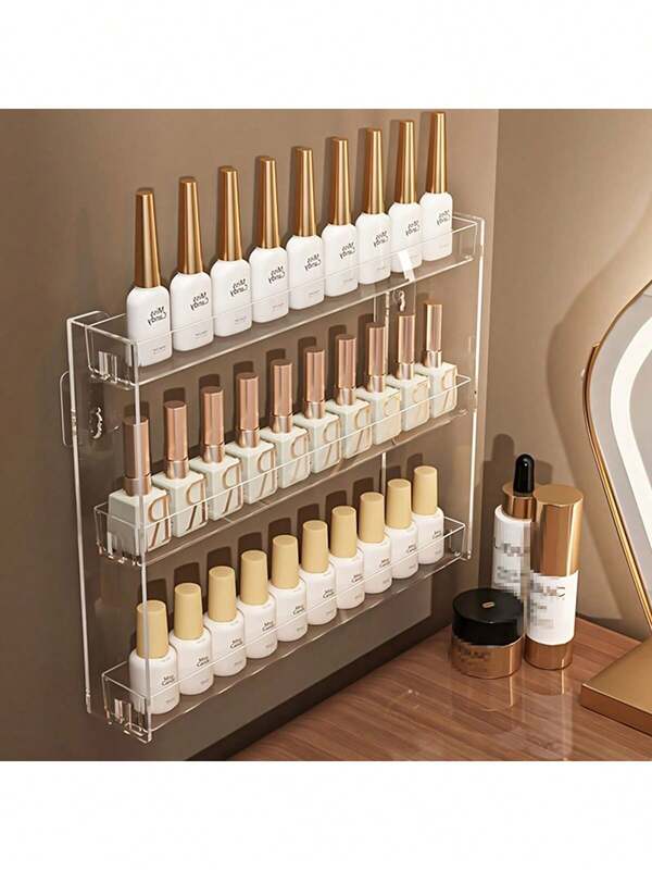 1pc Multi-Functional 3-Layer Nail Polish Glasses Display & Storage Rack, PS Material Transparent Layered Lipstick, LED Lamp Manicure Cosmetic Store Nail Polish Hanging Storage Rack, Wall Mount Floating Shelf
