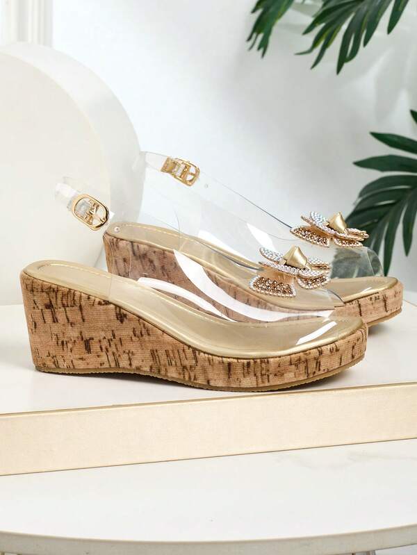 1 par de sandálias femininas versáteis, douradas, com pérolas e strass, lindas, bico redondo, adequadas para uso diário, dança, atividades ao ar livre, primavera