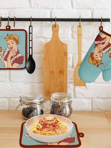 2 件套耐热烤箱手套和隔热垫套装，卡通蛋糕印花微波炉手套，双层加厚隔热手套和隔热垫，适合感恩节假期聚会、家庭厨房烹饪、微波炉、烤箱使用