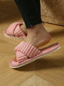 Women's Criss-Cross Open Toe Slippers, Comfortable & Fashionable Fluffy Indoor Slippers With EVA Sole And Coral Fleece Material, Suitable For Parties, Home, And Vacation, All Seasons